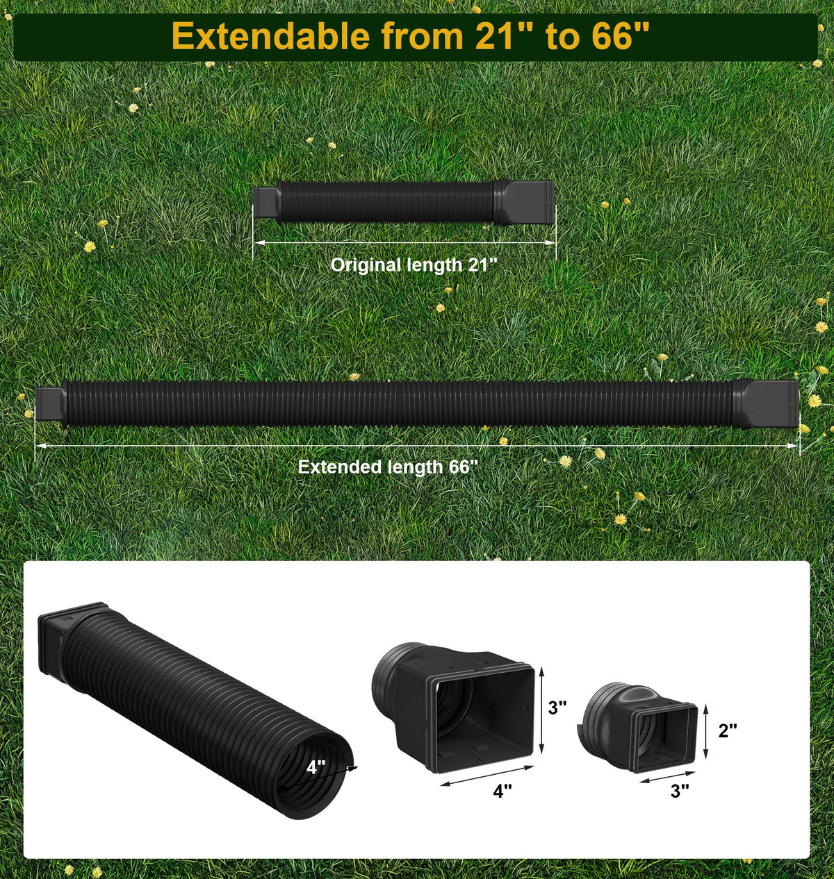 Ogutter Rain Gutter Downspout Extension — Extendable 21 to 66 Inches, Black