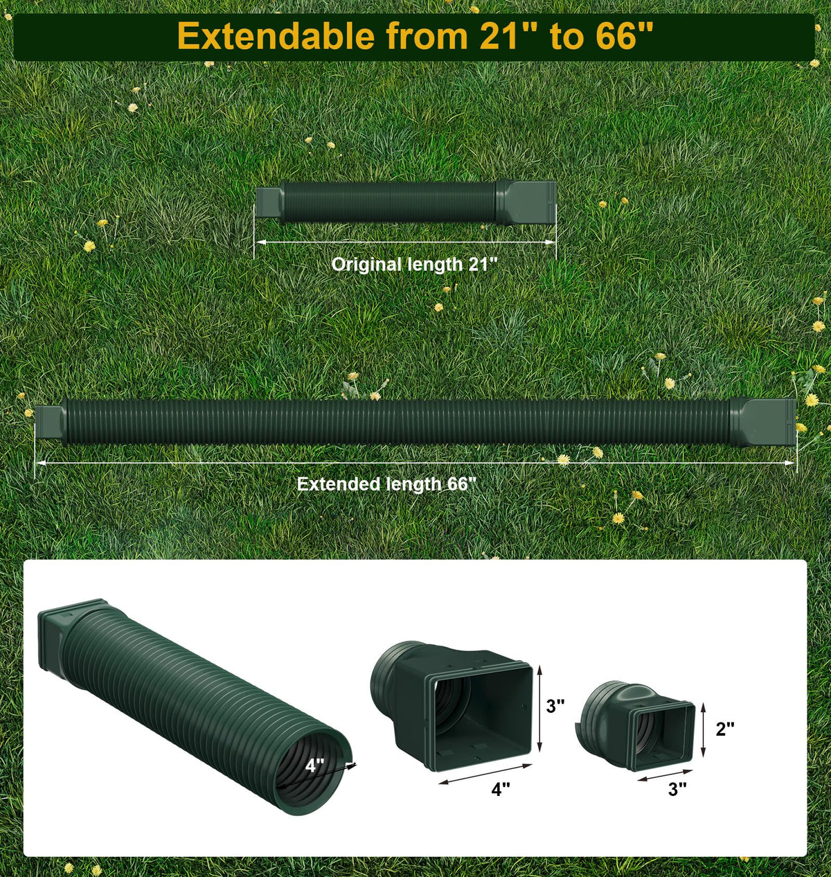 Ogutter Rain Gutter Downspout Extensions | Flexible Extendable 21-66 Inches (Green)