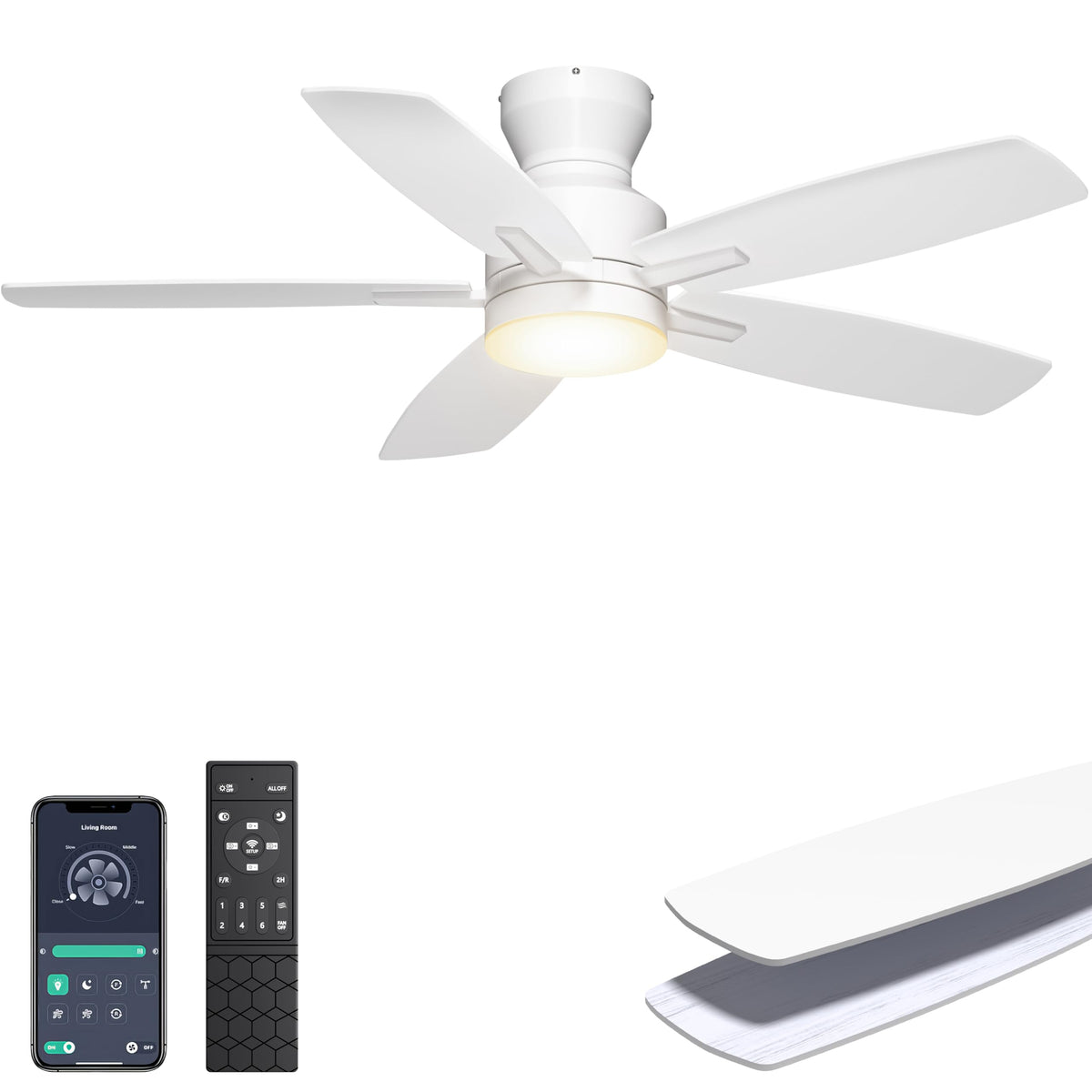 Ohniyou 42in Ceiling Fans with Lights - Low Profile White, DC Motor, Remote & App Control