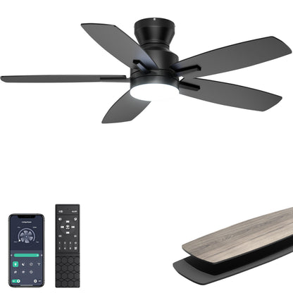 Ohniyou 42'' Ceiling Fan with Light & Remote — Black, Low-Profile Flush Mount, Dimmable LED, Quiet DC Motor