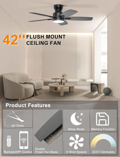 Ohniyou 42'' Ceiling Fan with Light & Remote — Black, Low-Profile Flush Mount, Dimmable LED, Quiet DC Motor
