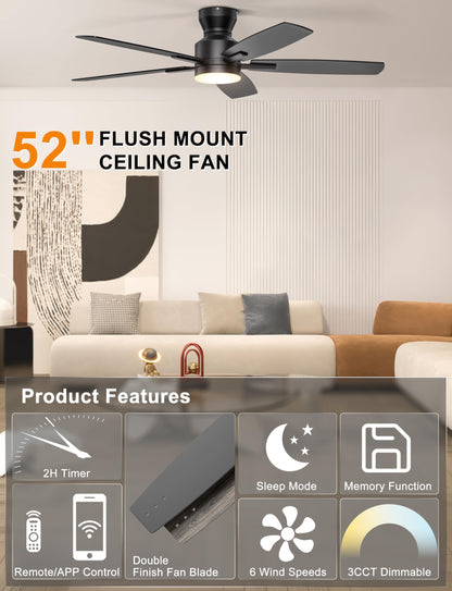 Ohniyou 52'' Ceiling Fan with Lights – Black, Remote & App Control, Low Profile