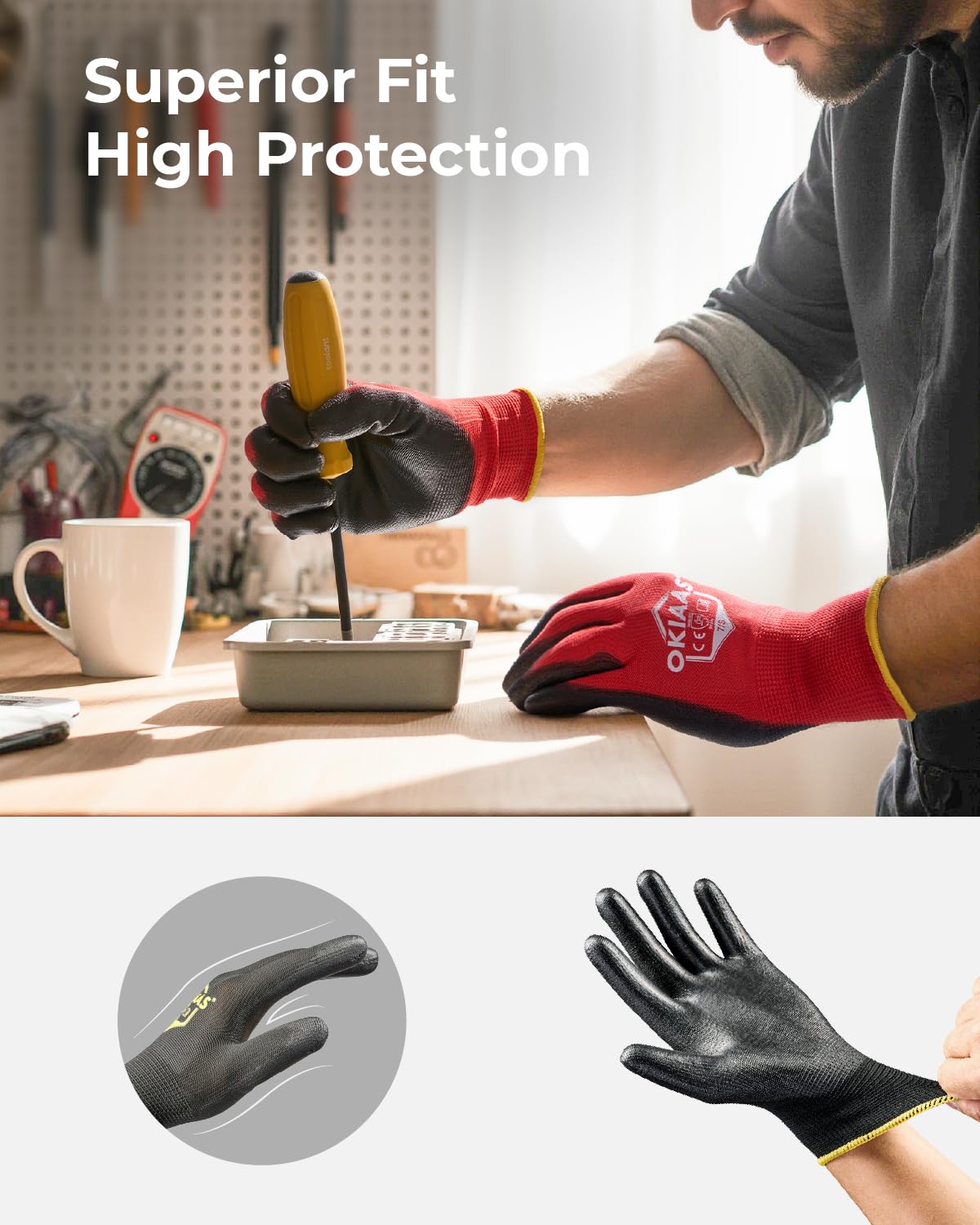 OKIAAS Men's Ultra-Thin Working Gloves with Grip – 12 Pairs, Medium, Black
