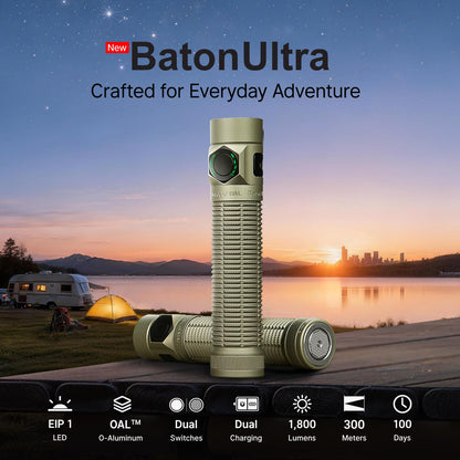 OLIGHT BatonUltra EDC Flashlight – 1800 Lumen, USB-C Rechargeable, Magnetic Tail Switch – Olive Green