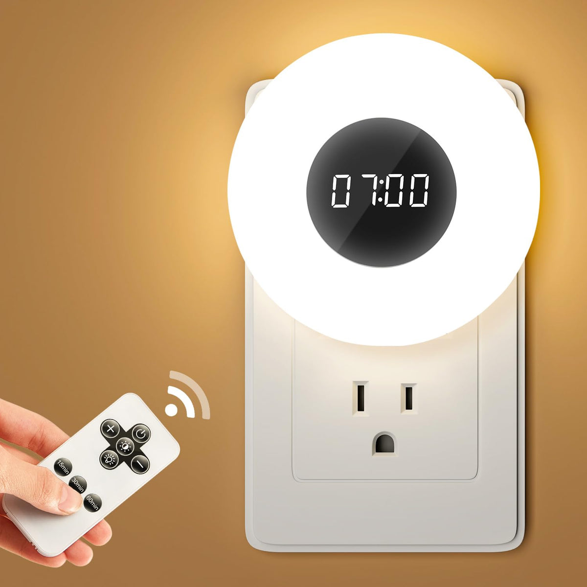 One Fire Night Light Clock - Dimmable, 3 Color Modes, Timer, Plug-in Night Light