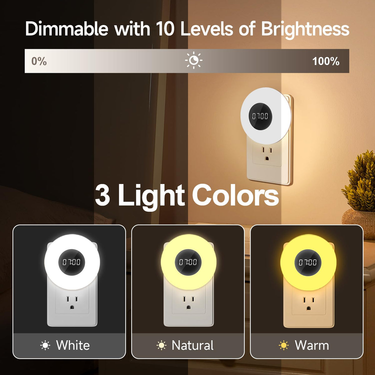 One Fire Night Light Clock - Dimmable, 3 Color Modes, Timer, Plug-in Night Light