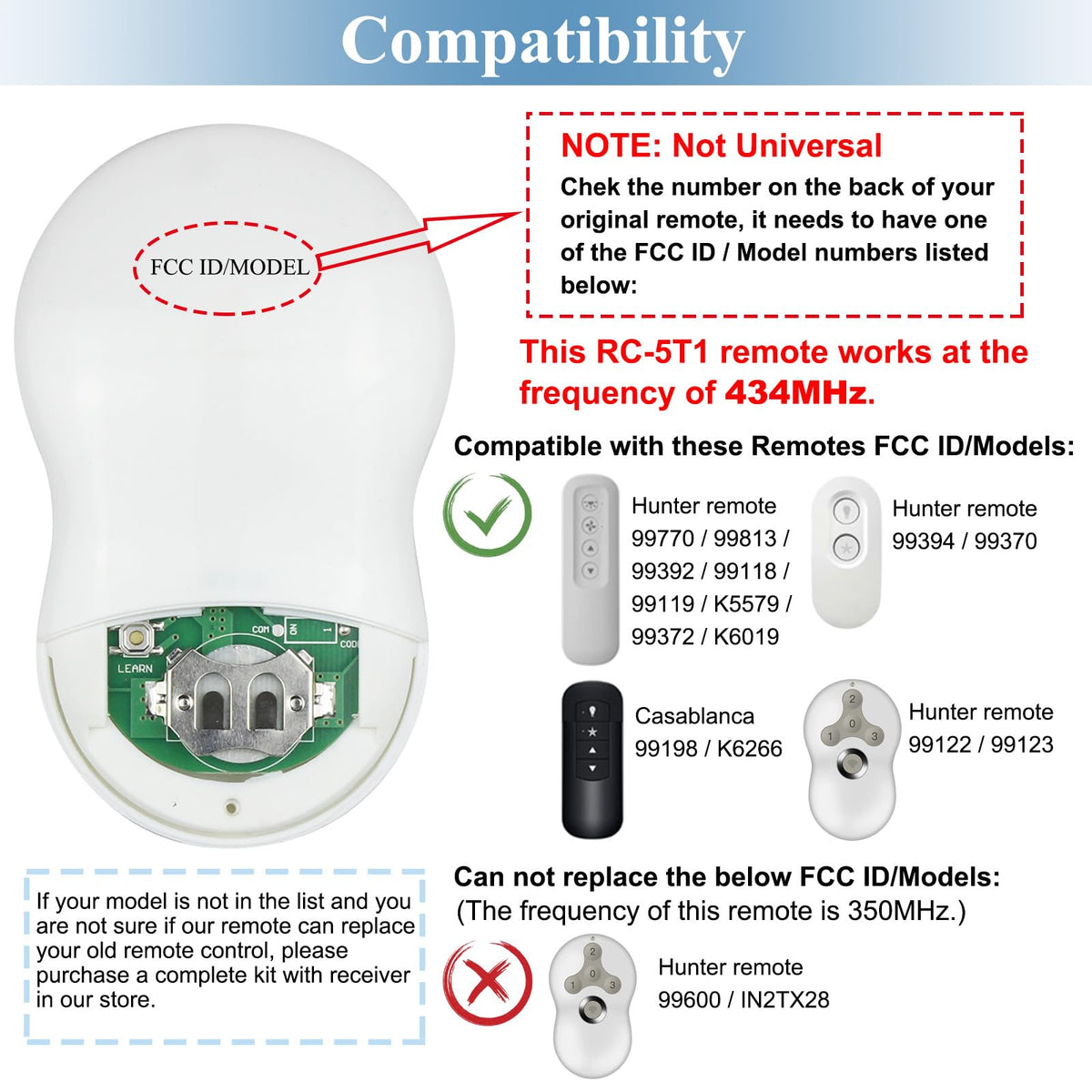Onisamt Ceiling Fan Remote for Hunter 434MHz (3-Speed, Light Dimmer) – Remote Only
