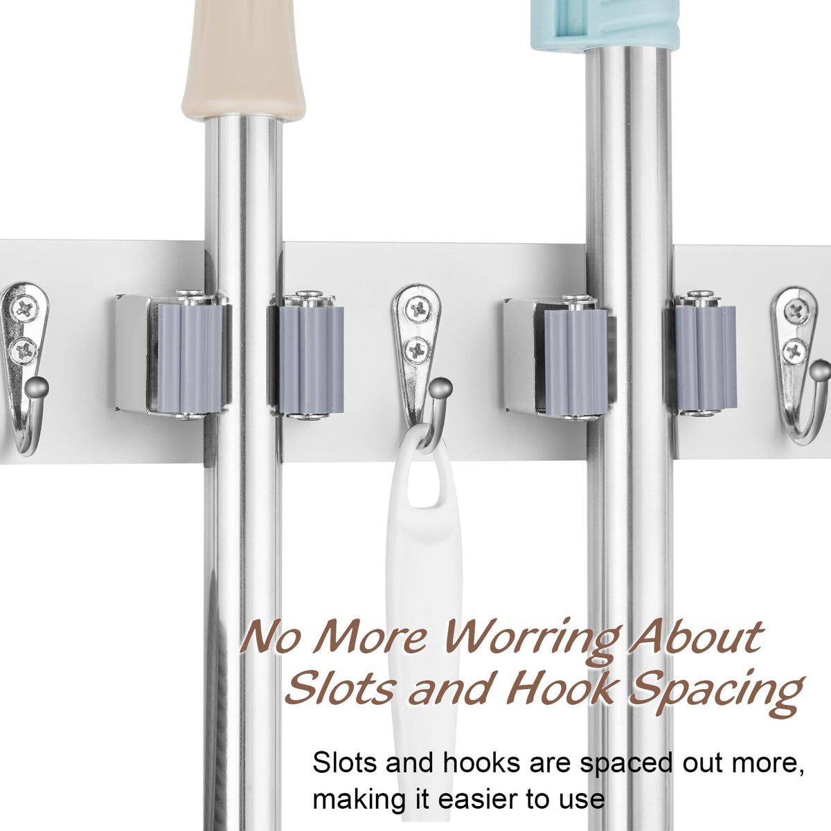 OUTNILI White Mop Broom Holder Wall Mount with 4 Slots & 4 Hooks