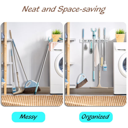 OUTNILI Mop and Broom Holder Wall Mount – White, 5 Clips & 4 Hooks