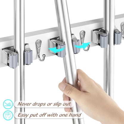 OUTNILI Mop and Broom Holder Wall Mount – White, 5 Clips & 4 Hooks