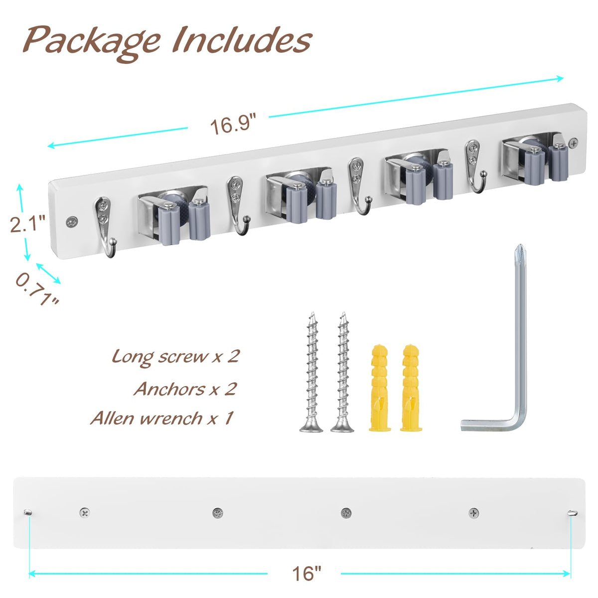 OUTNILI White Mop Broom Holder Wall Mount with 4 Slots & 4 Hooks