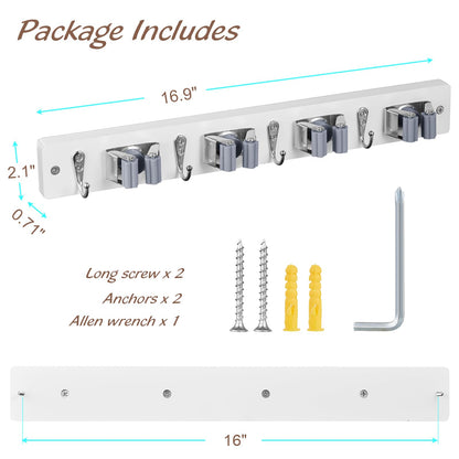 OUTNILI White Mop Broom Holder Wall Mount with 4 Slots & 4 Hooks