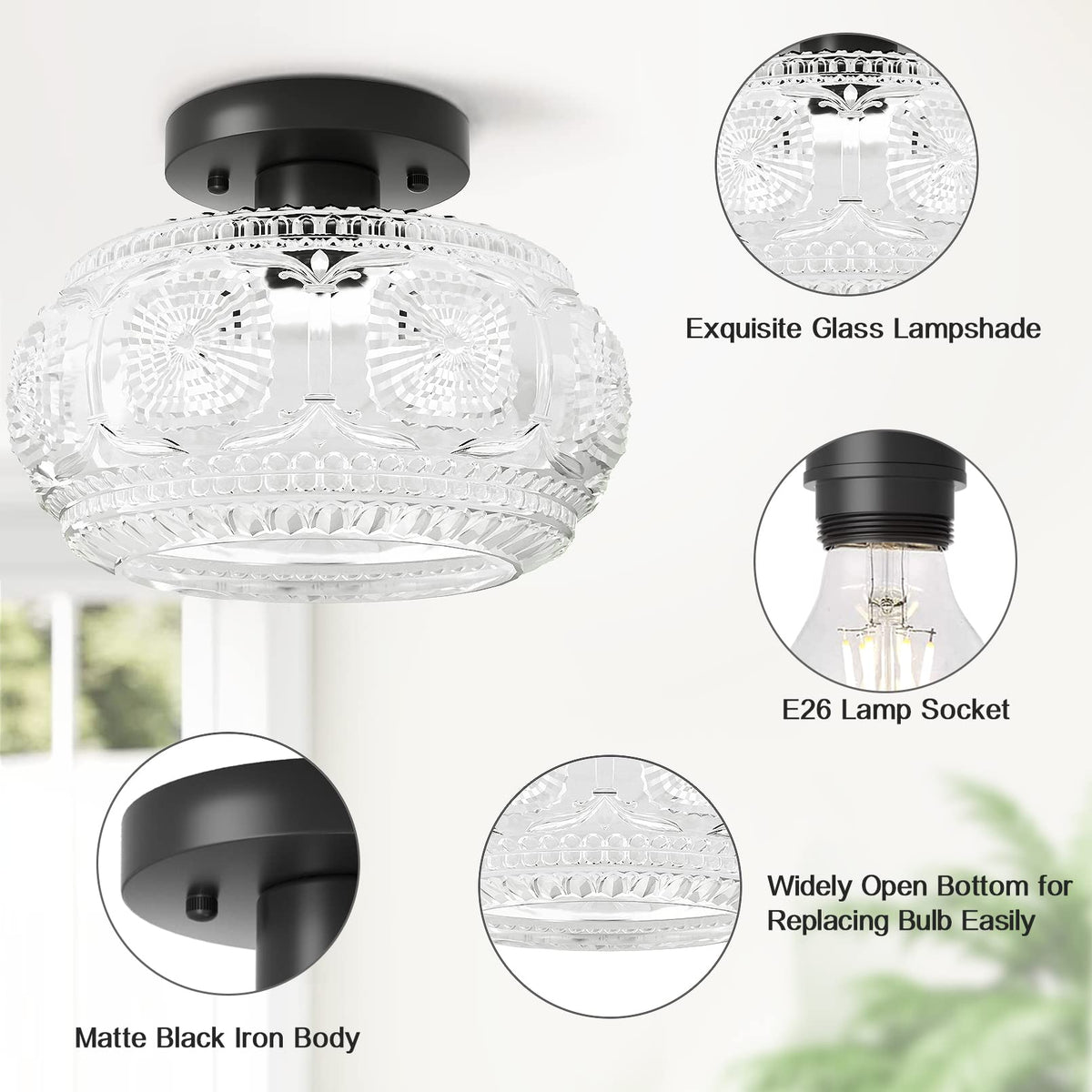 OYKYOHEI Semi Flush Mount Ceiling Light – Globe Glass, Black Modern Lighting