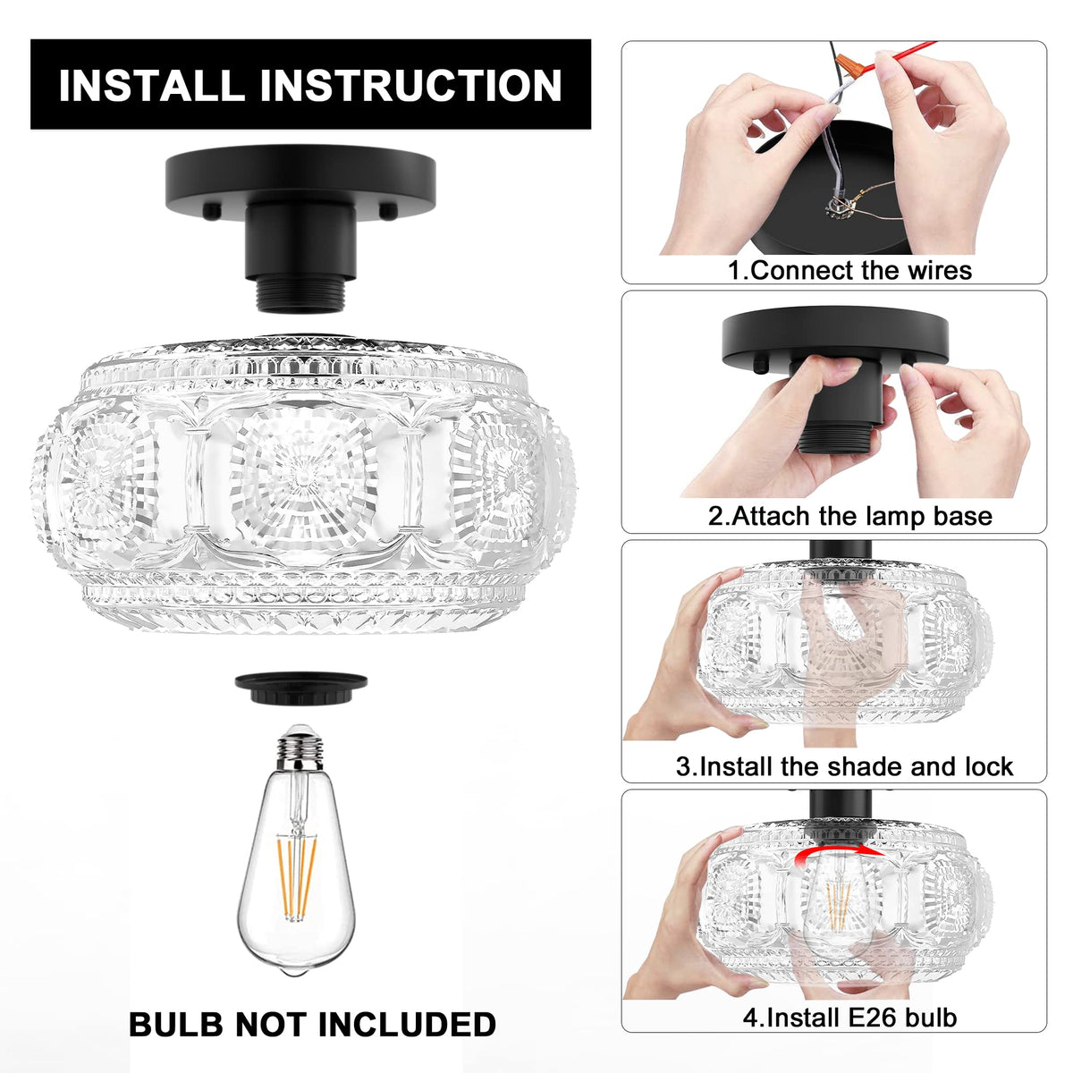 OYKYOHEI Semi Flush Mount Ceiling Light – Globe Glass, Black Modern Lighting