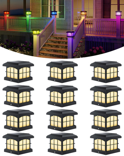 PARTPHONER RGBCW Solar Post Cap Lights 12-Pack — 9 Colors, 3 Modes, 4x4 Post Fit, IP54 Waterproof