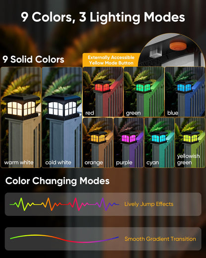 PARTPHONER RGBCW Solar Post Cap Lights 12-Pack — 9 Colors, 3 Modes, 4x4 Post Fit, IP54 Waterproof