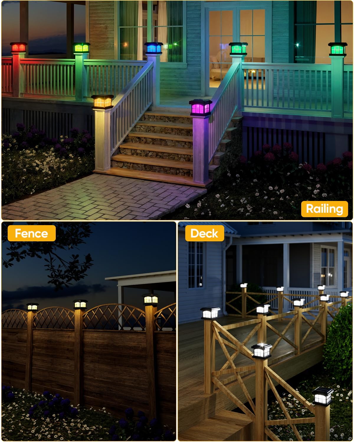 PARTPHONER RGBCW Solar Post Cap Lights 12-Pack — 9 Colors, 3 Modes, 4x4 Post Fit, IP54 Waterproof