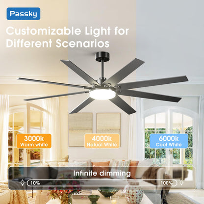 Passky 72-Inch Ceiling Fan with Light & Remote Control – Reversible DC Motor, 3CCT, Dimmable, Quiet Black