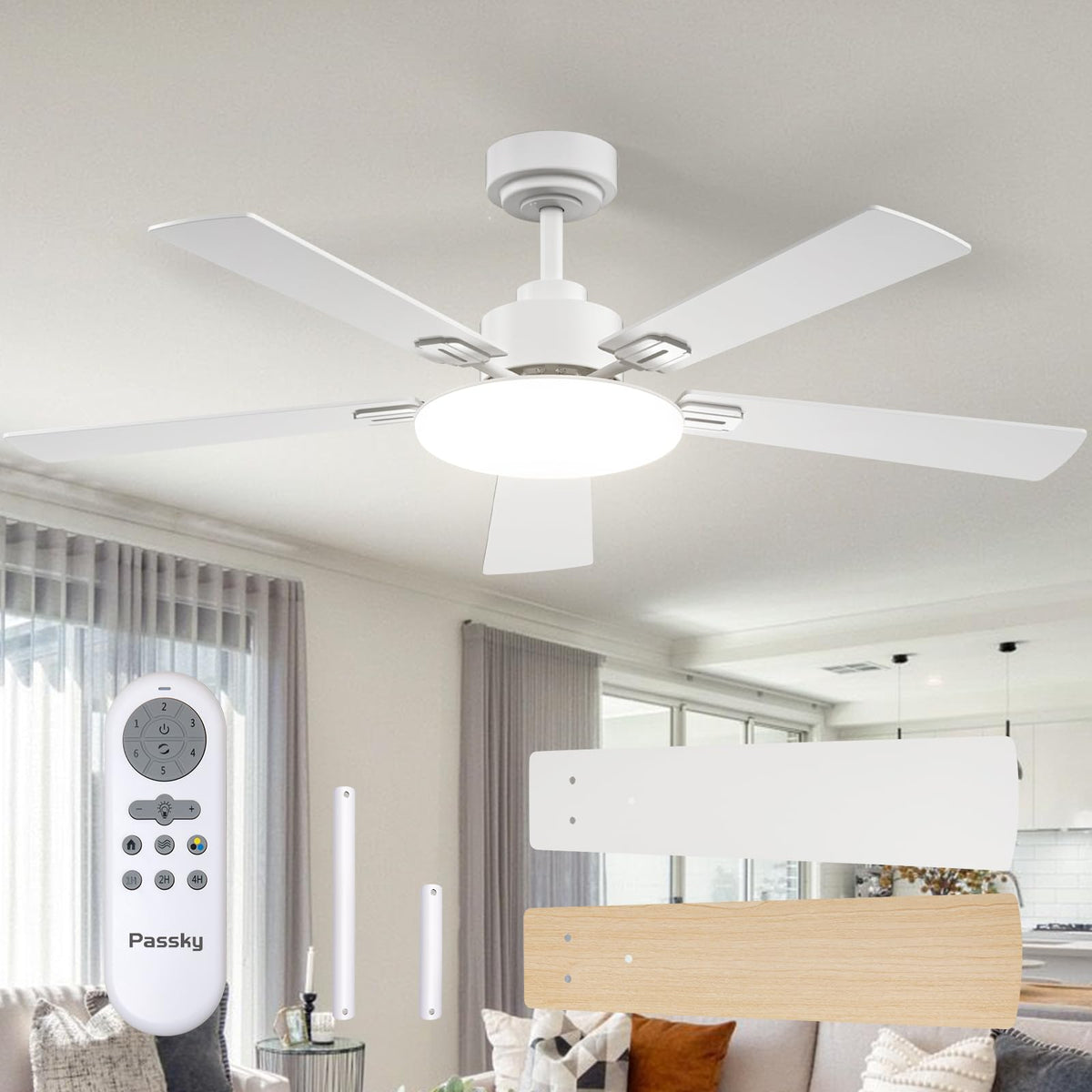 Passky 52-Inch Ceiling Fan with Light & Remote – Dimmable, 3-CCT, Quiet DC Motor