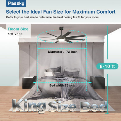 Passky 72-Inch Ceiling Fan with Light & Remote Control – Reversible DC Motor, 3CCT, Dimmable, Quiet Black