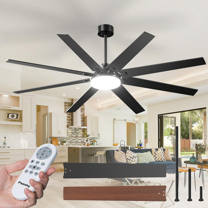 Passky 72-Inch Ceiling Fan with Light & Remote Control – Reversible DC Motor, 3CCT, Dimmable, Quiet Black