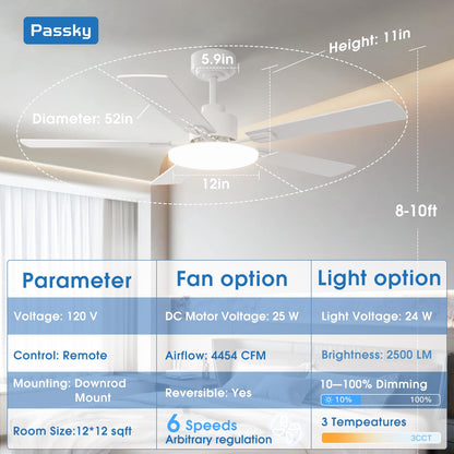 Passky 52-Inch Ceiling Fan with Light & Remote – Dimmable, 3-CCT, Quiet DC Motor