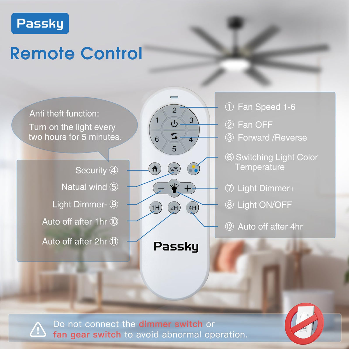 Passky 72-Inch Ceiling Fan with Light & Remote Control – Reversible DC Motor, 3CCT, Dimmable, Quiet Black