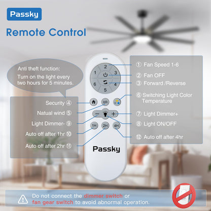 Passky 72-Inch Ceiling Fan with Light & Remote Control – Reversible DC Motor, 3CCT, Dimmable, Quiet Black