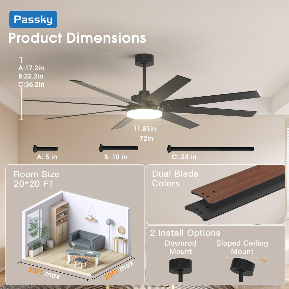 Passky 72-Inch Ceiling Fan with Light & Remote Control – Reversible DC Motor, 3CCT, Dimmable, Quiet Black