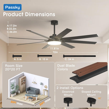 Passky 72-Inch Ceiling Fan with Light & Remote Control – Reversible DC Motor, 3CCT, Dimmable, Quiet Black