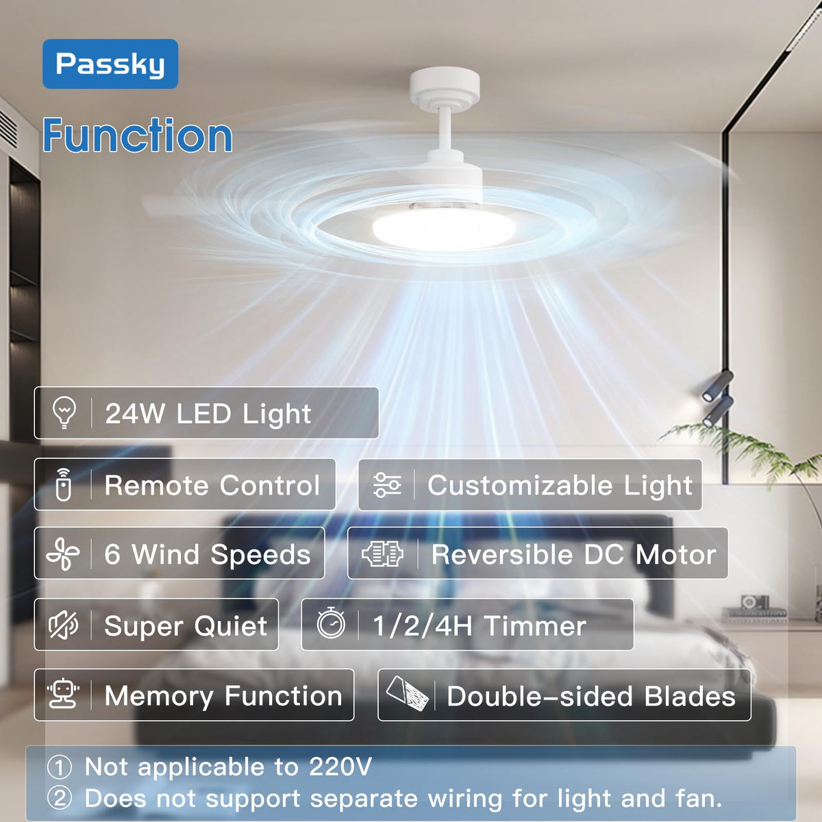 Passky 52-Inch Ceiling Fan with Light & Remote – Dimmable, 3-CCT, Quiet DC Motor