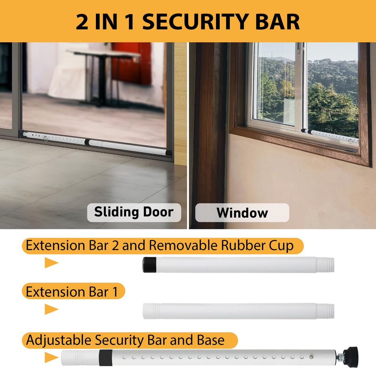 PBHEPJ Sliding Door Security Bar – Adjustable 18.5–51 in, White, 2-Pack