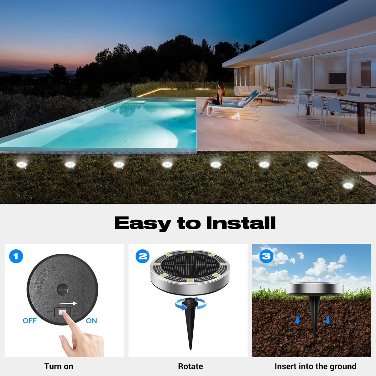 Peasur 8-Pack Solar Ground Lights IP68 Waterproof for Pathway Garden Driveway