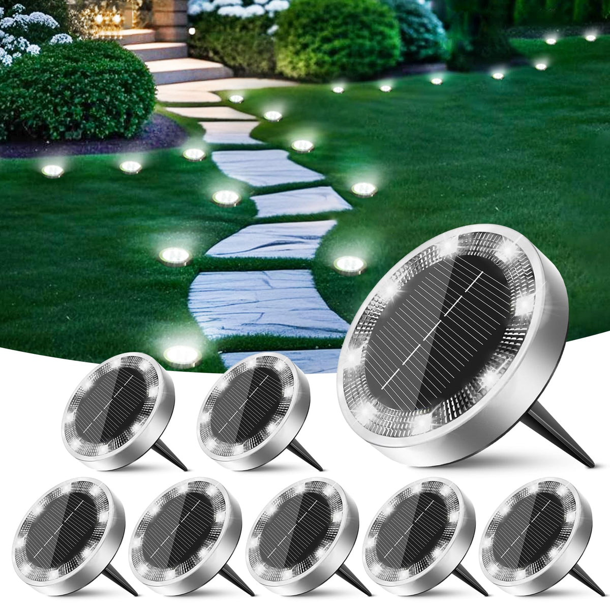 Peasur 8-Pack Solar Ground Lights IP68 Waterproof for Pathway Garden Driveway