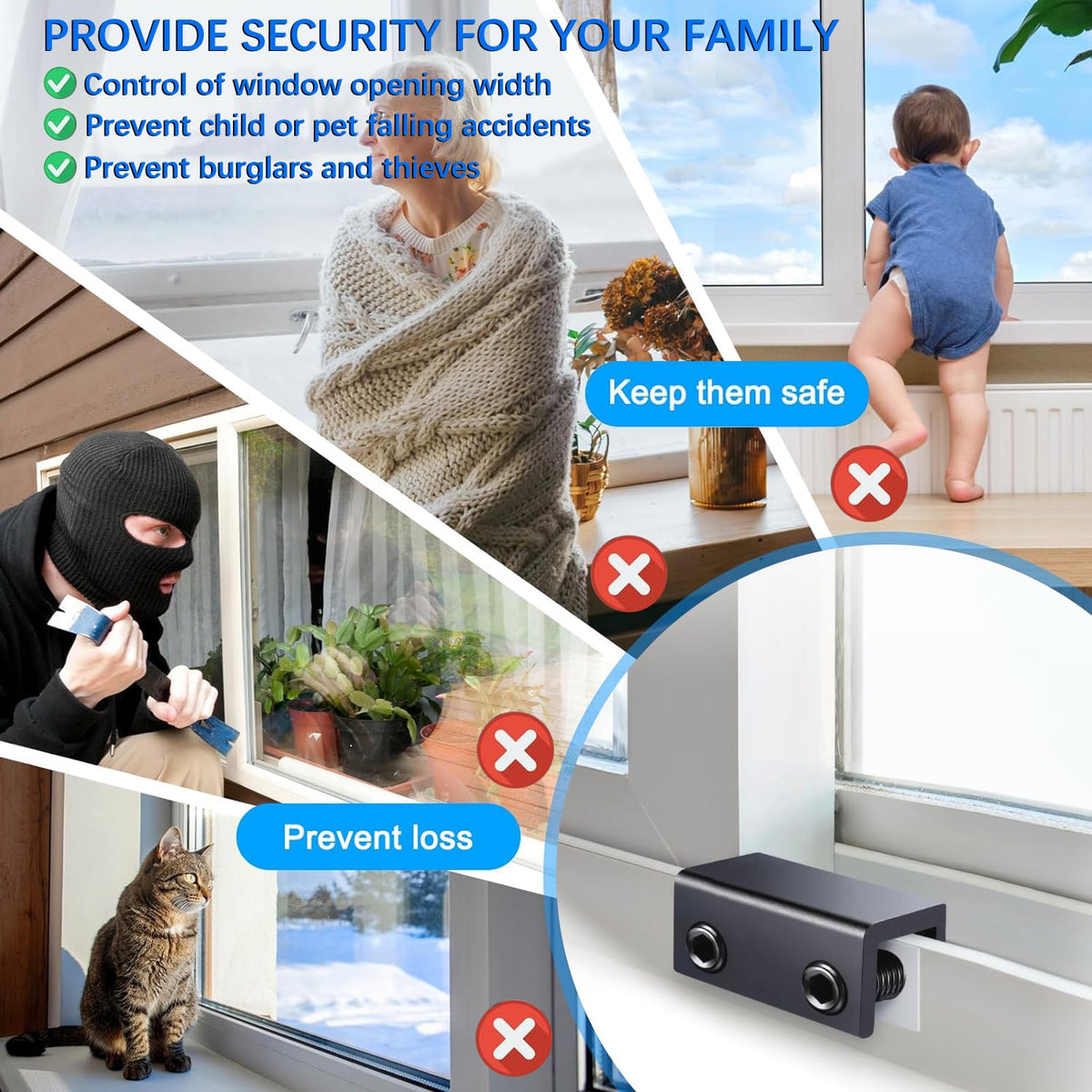 Penmama Sliding Window Locks (8 Sets) – Adjustable Aluminum Security Locks for Vertical & Horizontal Windows