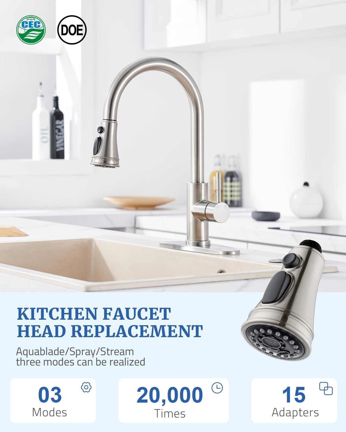 PerPaiMe Kitchen Faucet Spray Head Replacement — 15 Adapters, 3-Function, Brushed Nickel