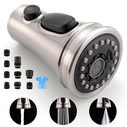 PerPaiMe Kitchen Faucet Spray Head Replacement — 15 Adapters, 3-Function, Brushed Nickel