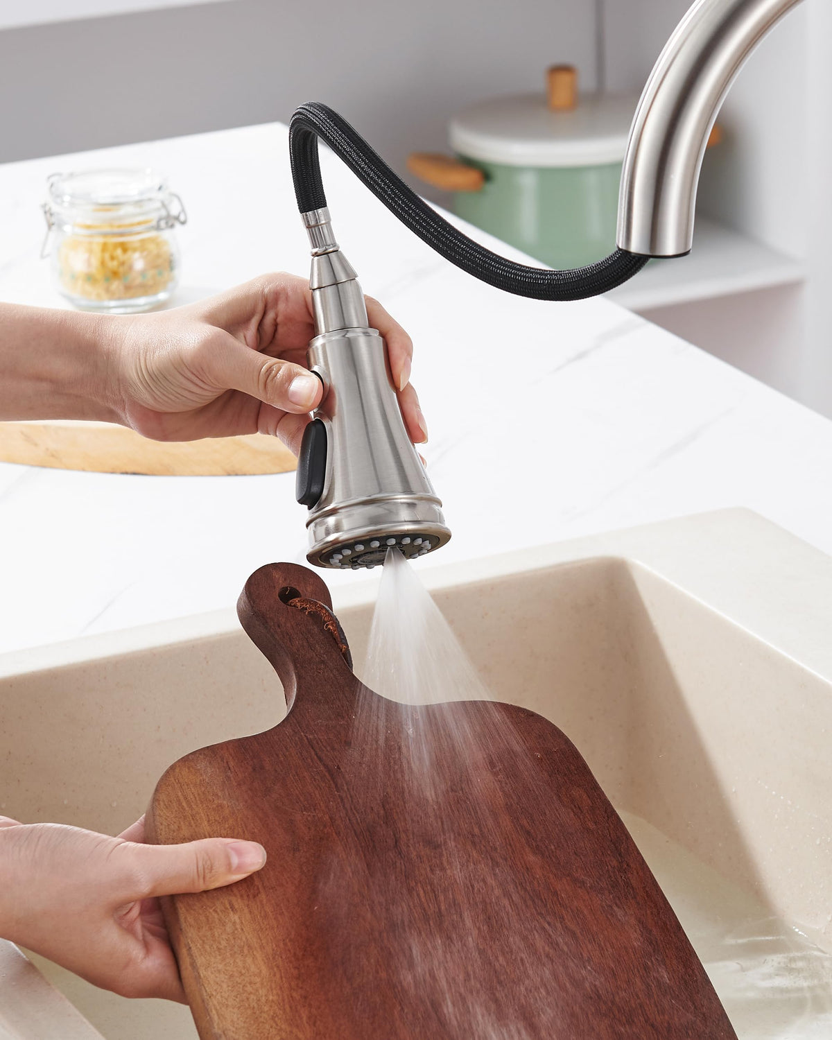PerPaiMe Kitchen Faucet Spray Head Replacement — 15 Adapters, 3-Function, Brushed Nickel