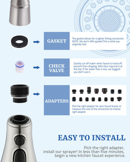 PerPaiMe Kitchen Faucet Spray Head Replacement — 15 Adapters, 3-Function, Brushed Nickel