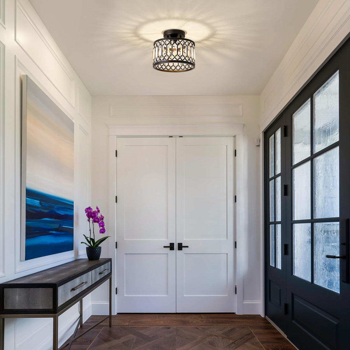 Pevfah Crystal Black Ceiling Light — 9-Inch Modern Semi-Flush Mount, 1-Light
