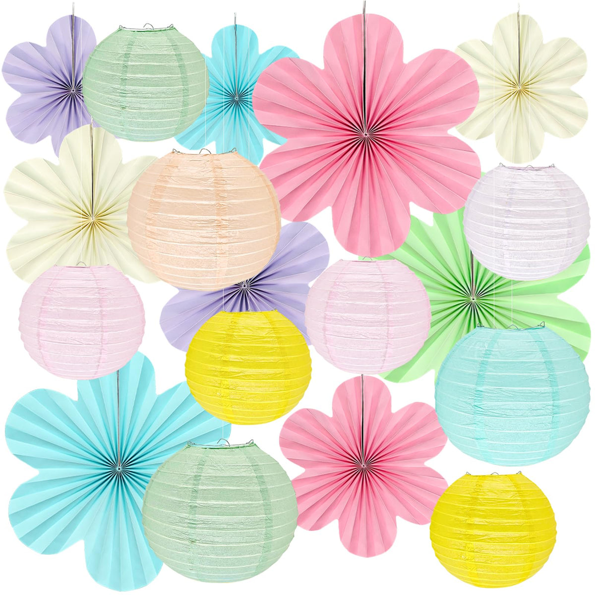 Peywot Spring Hanging Decorations – 18Pcs Pastel Lanterns & Flower Fans Kit