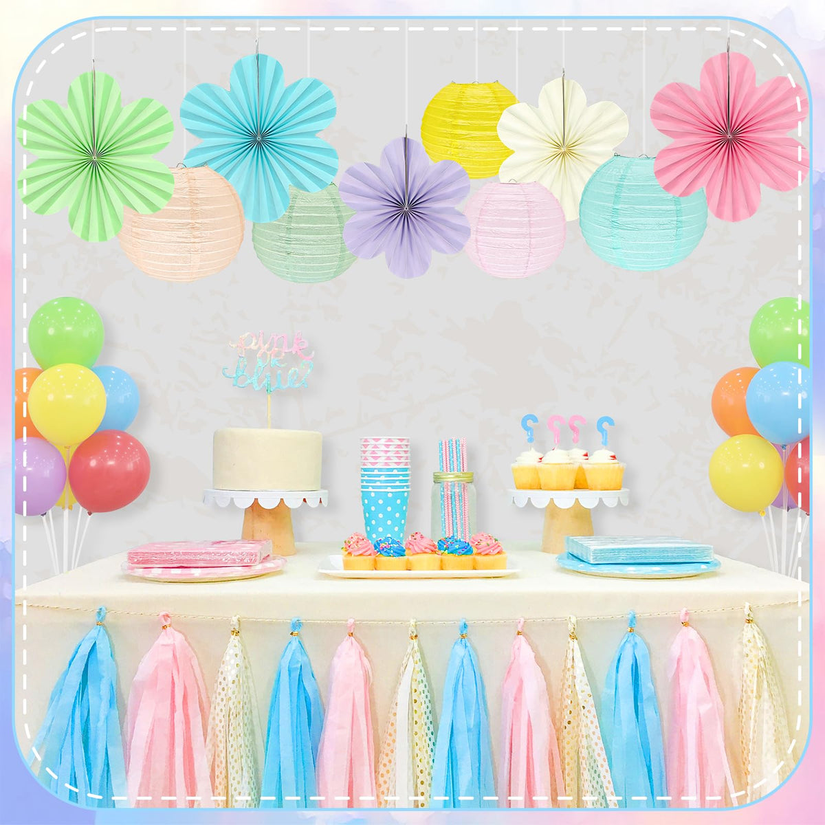 Peywot Spring Hanging Decorations – 18Pcs Pastel Lanterns & Flower Fans Kit