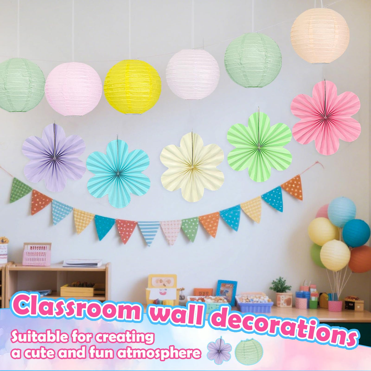 Peywot Spring Hanging Decorations – 18Pcs Pastel Lanterns & Flower Fans Kit