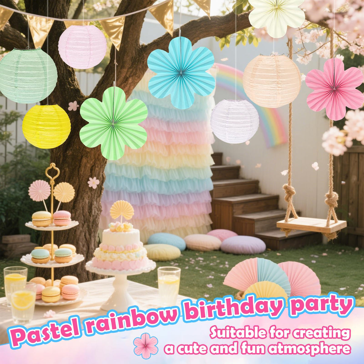Peywot Spring Hanging Decorations – 18Pcs Pastel Lanterns & Flower Fans Kit