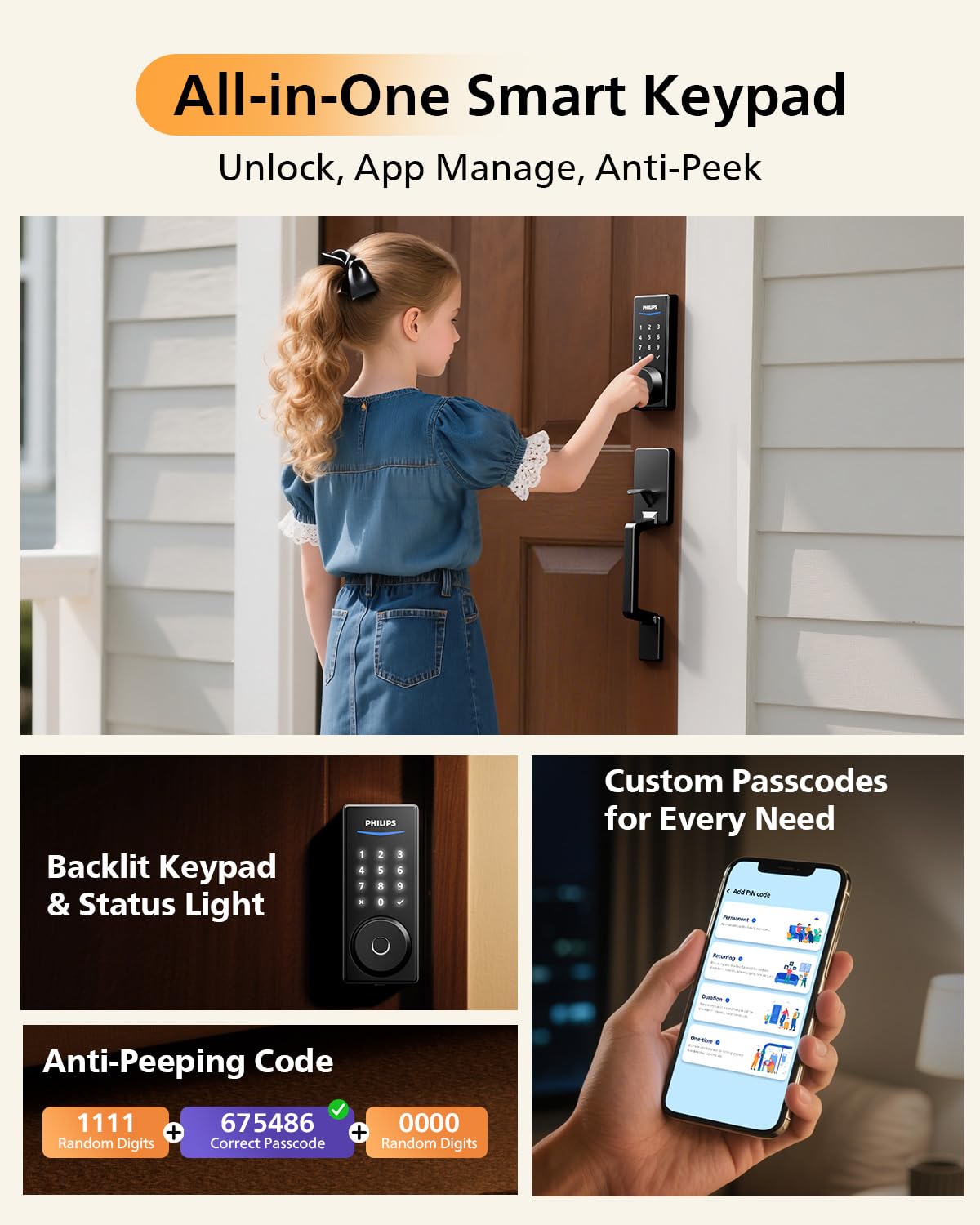 Philips Touchscreen WiFi Smart Lock with Handle Set – Fingerprint Entry, Voice Control & Remote Access | Matte Black