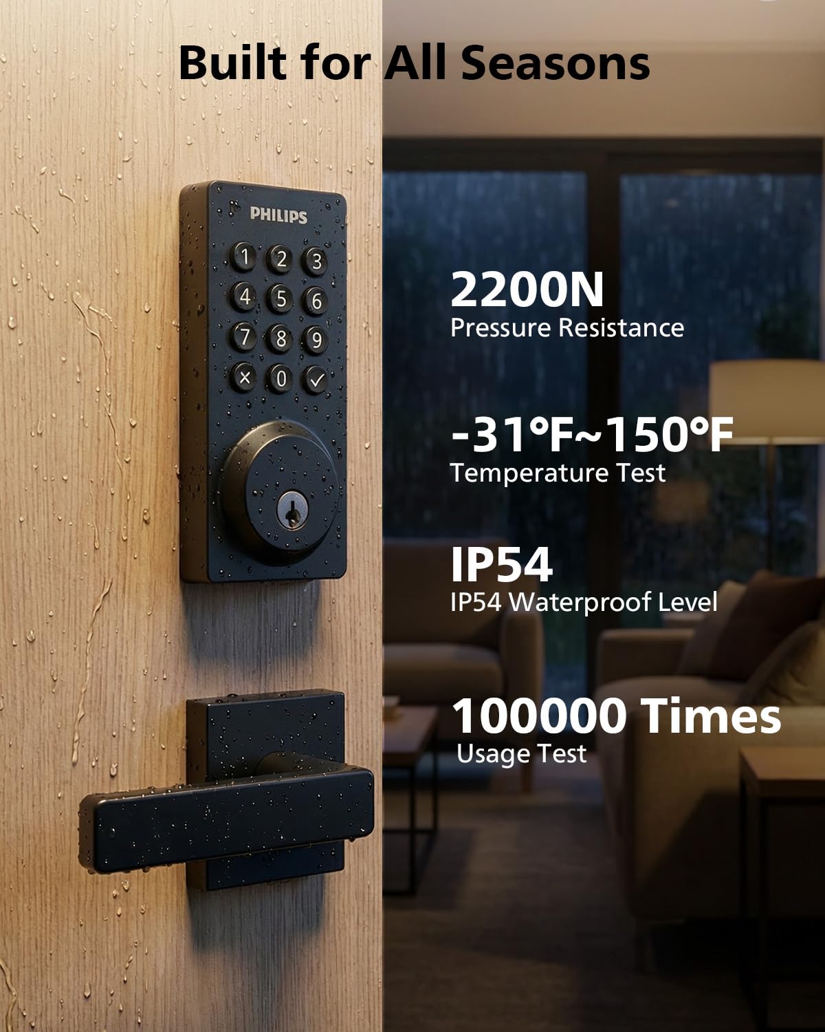 Philips WiFi Smart Door Lock with Handle – Remote Control, Voice Unlock, Auto Lock, IP54