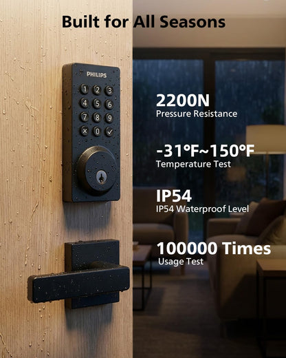 Philips WiFi Smart Door Lock with Handle – Remote Control, Voice Unlock, Auto Lock, IP54