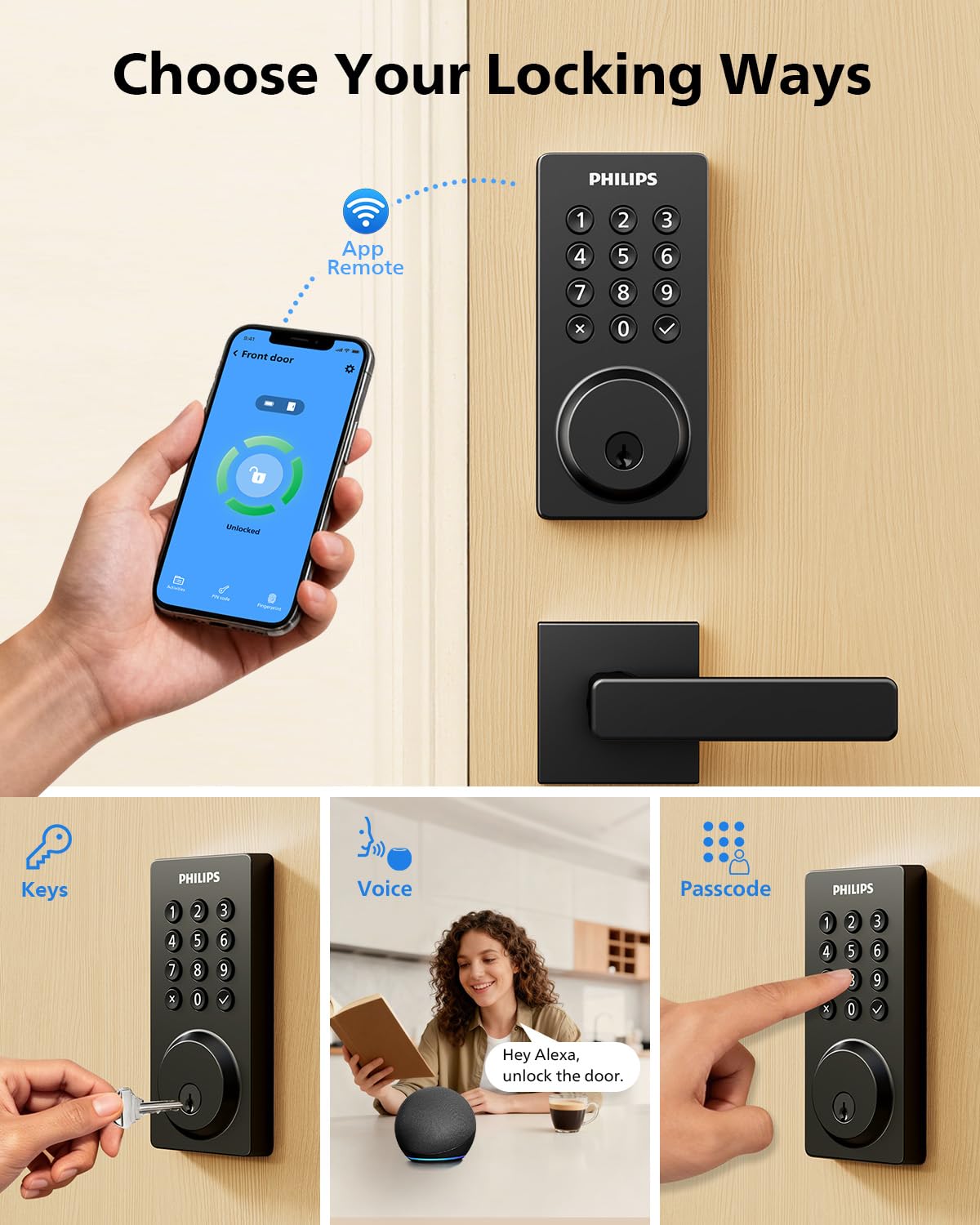 Philips WiFi Smart Door Lock with Handle – Remote Control, Voice Unlock, Auto Lock, IP54