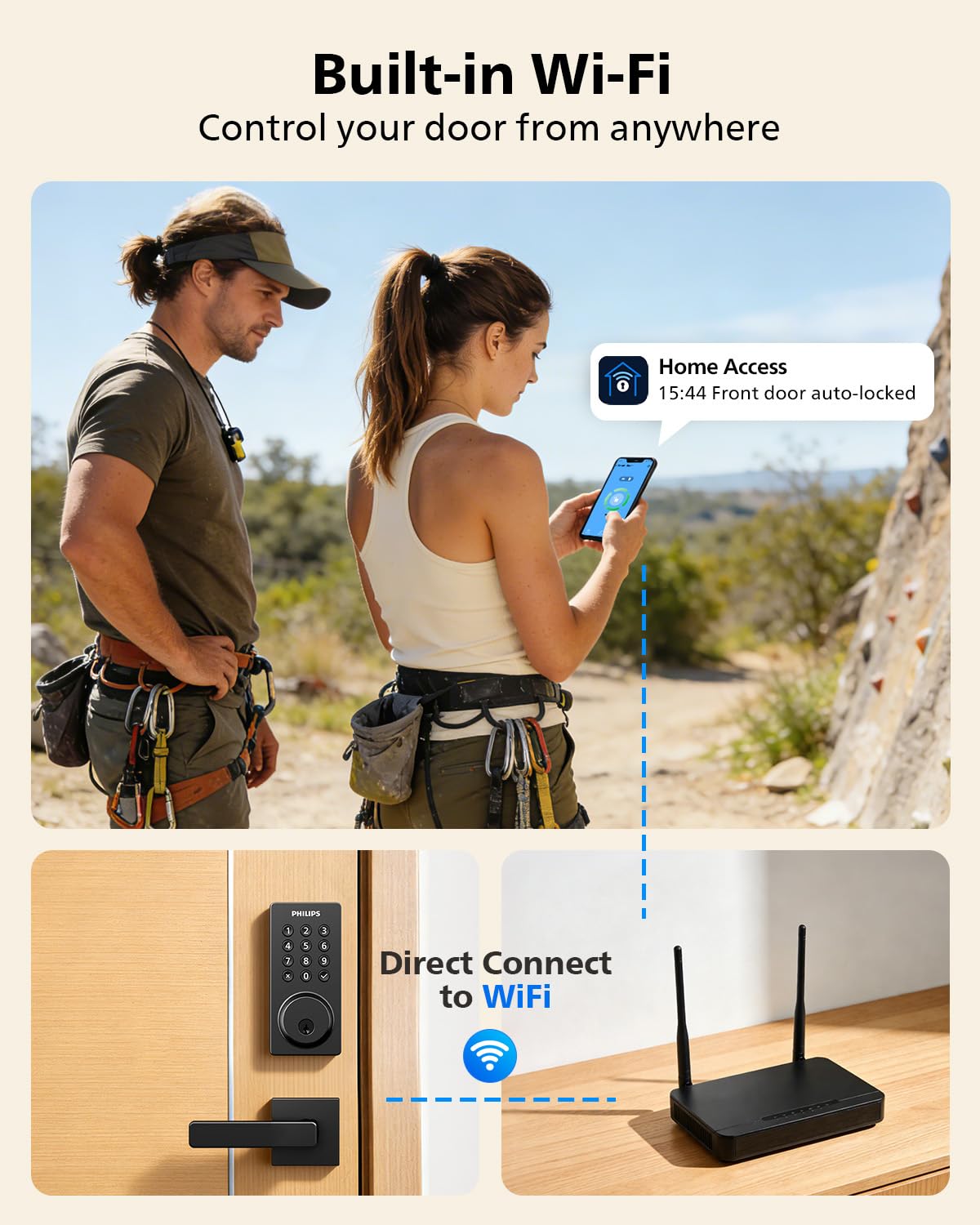 Philips WiFi Smart Door Lock with Handle – Remote Control, Voice Unlock, Auto Lock, IP54