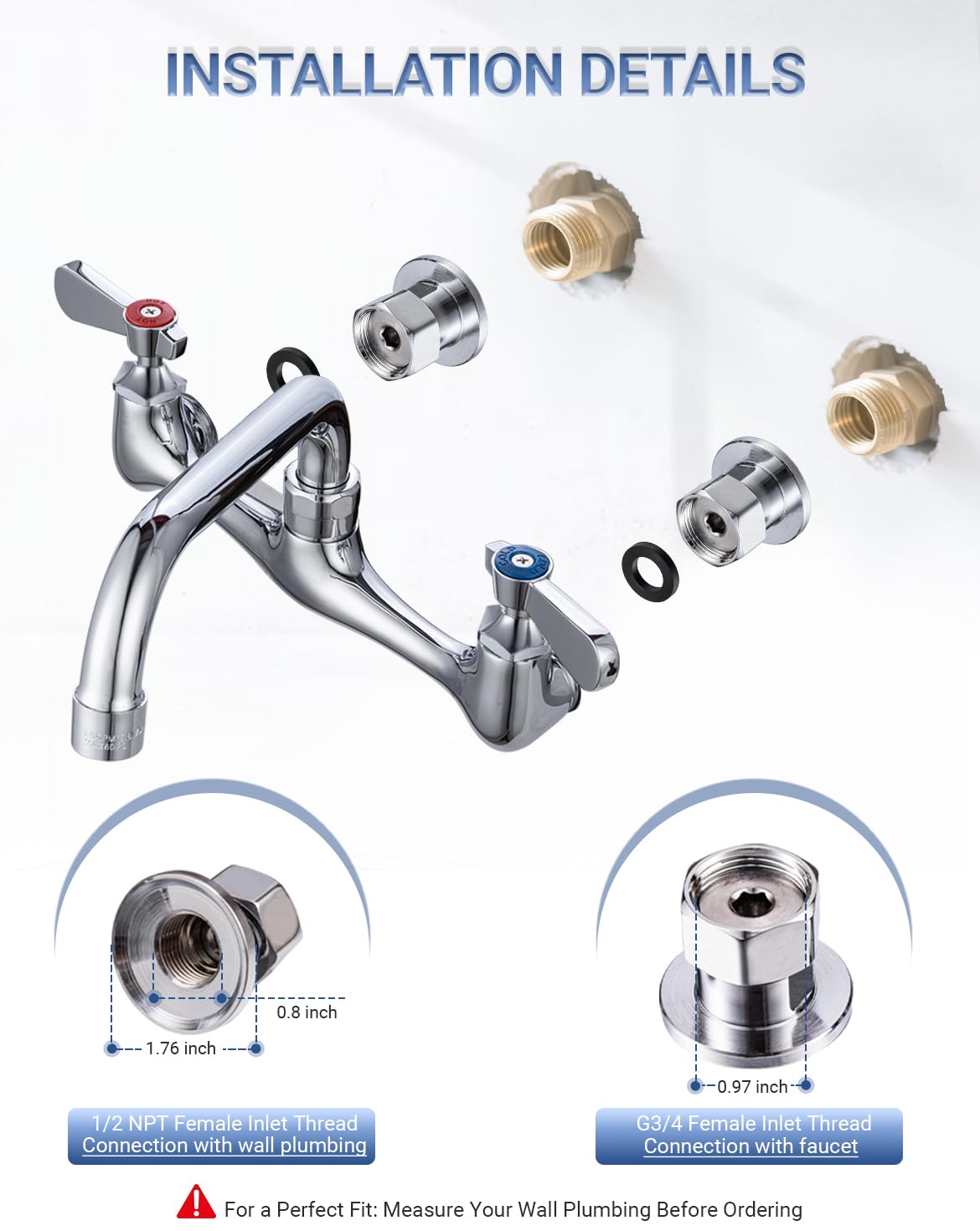 Phivan 8 Inch Center Wall Mount Commercial Sink Faucet – 8 Inch Swivel Spout, Dual-Handle Chrome Brass